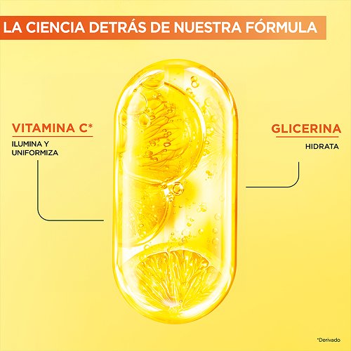 Fórmula Garnier Gel Limpiador con vitamina C que ilumina y glicerina que hidrata para una piel uniforme y nutrida.